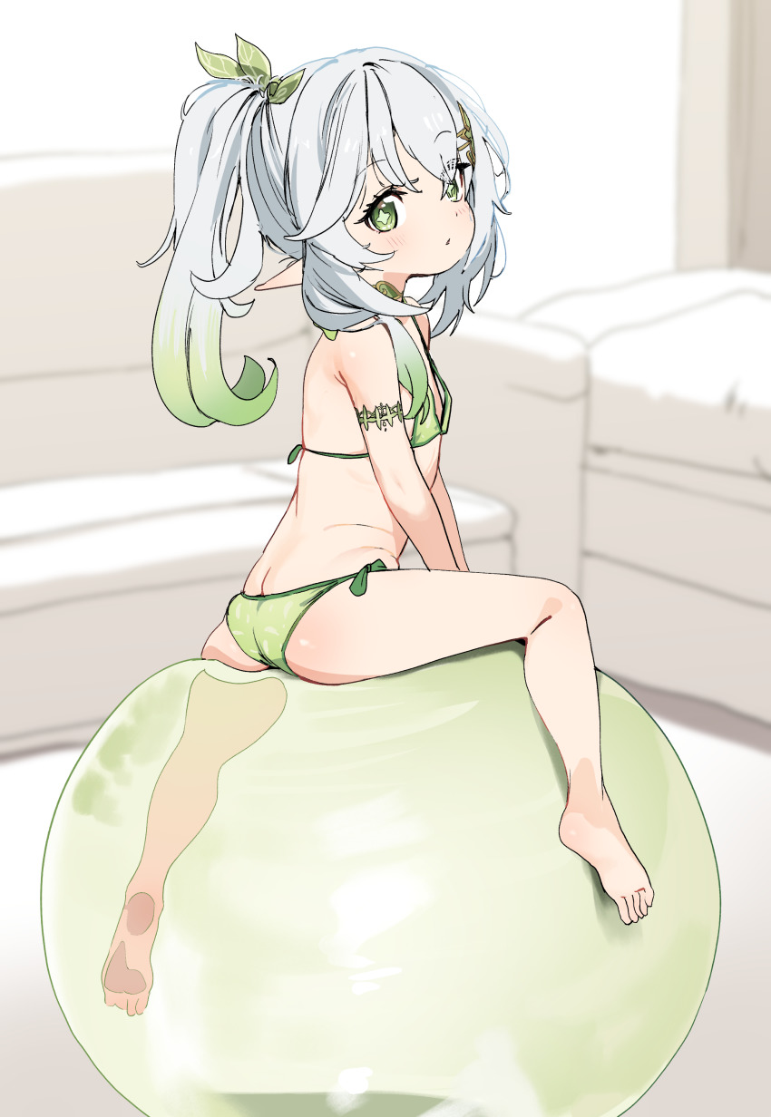 1girl absurdres ass ball bare_shoulders barefoot bikini blurry blurry_background blush bow cross-shaped_pupils dorontabi elf exercise_ball female_focus flat_chest full_body genshin_impact gradient_hair green_bikini green_bow green_eyes green_ribbon grey_hair hair_between_eyes hair_ornament hairband highres leaf_hair_ornament loli long_hair looking_at_viewer looking_back micro_bikini multicolored_hair nahida_(genshin_impact) pointy_ears ponytail ribbon sitting solo swimsuit symbol-shaped_pupils twintails