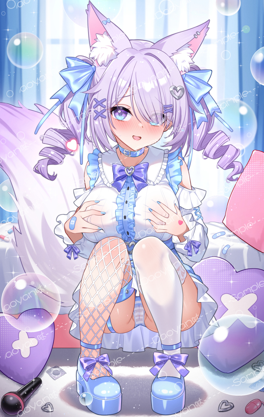 1girl :d absurdres animal_collar animal_ear_fluff animal_ears asymmetrical_legwear blue_bow blue_eyes blue_nails blue_ribbon blue_shoes blush bow bowtie breasts cameltoe center_frills chinese_commentary clothing_cutout collar commentary_request daoyan drill_hair eyelashes eyes_visible_through_hair fine_fabric_emphasis fishnet_thighhighs fishnets footwear_bow fox_ears fox_girl fox_tail frilled_shirt frilled_shirt_collar frills full_body furrowed_brow grabbing_own_breast hair_between_eyes hair_bow hair_intakes hair_ornament hair_ribbon hands_up heart heart_hair_ornament highres indoors large_breasts long_hair long_sleeves looking_at_viewer mismatched_legwear multicolored_eyes nail_polish nose_blush open_mouth original panties purple_bow purple_bowtie purple_eyes purple_hair ribbon sample_watermark shirt shoes shoulder_cutout sidelocks smile soap_bubbles solo squatting striped_clothes striped_panties tail tail_raised thighhighs twin_drills twintails two-tone_eyes underwear watermark white_shirt white_thighhighs window x_hair_ornament