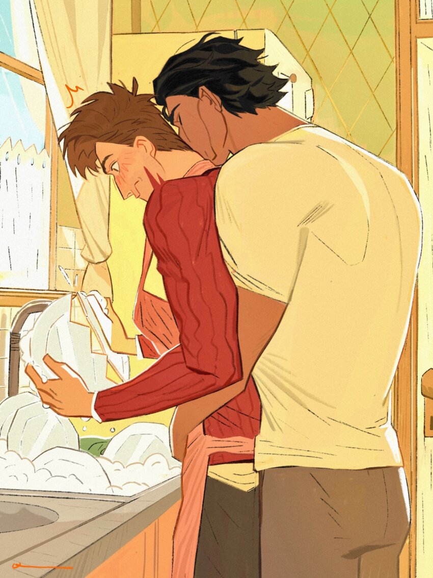2boys apron arm_around_waist black_hair black_pants blush broken_plate brown_eyes brown_hair cable_knit closed_eyes crew_neck curtains dark-skinned_male dark_skin dingnin98201637 doorknob grey_pants hair_slicked_back hashtag-only_commentary highres holding holding_plate indoors kiss kissing_neck long_sleeves male_focus marvel miguel_o&#039;hara multiple_boys pants peter_b_parker pink_apron plate red_sweater refrigerator shirt short_hair short_sleeves sink soap_bubbles spider-man:_across_the_spider-verse spider-man_(series) spider-verse standing surprised sweater t-shirt wavy_mouth white_shirt window yaoi