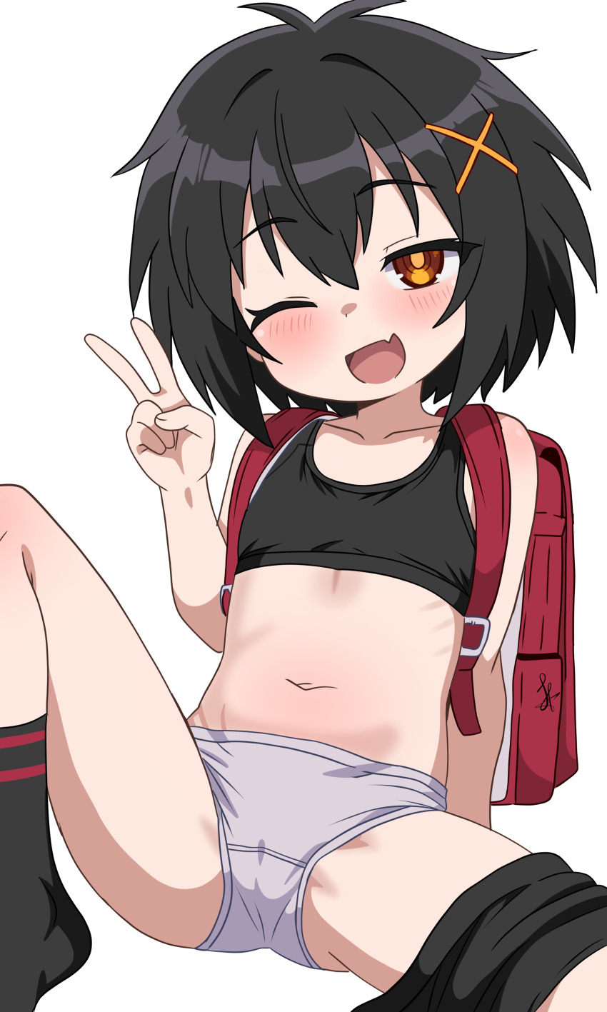 1girl ;d backpack bag bare_shoulders black_hair black_shorts black_socks black_sports_bra blush brown_eyes cameltoe clothes_pull collarbone fang flat_chest grey_panties hair_between_eyes hair_ornament hand_up hikari_(artist) knee_up loli looking_at_viewer marvel navel one_eye_closed open_mouth panties peni_parker randoseru red_bag short_hair shorts shorts_around_one_leg shorts_pull simple_background sitting skin_fang smile socks solo spider-man:_into_the_spider-verse spider-man_(series) spider-verse sports_bra spread_legs stomach underwear underwear_only v white_background x_hair_ornament