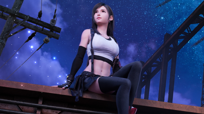 1girl 3d arm_support bare_shoulders black_gloves black_hair black_skirt black_sports_bra black_thighhighs boots bracelet breasts closed_mouth cloud cloudy_sky crop_top earrings elbow_gloves feet_out_of_frame final_fantasy final_fantasy_vii final_fantasy_vii_rebirth final_fantasy_vii_remake fingerless_gloves gloves jewelry knee_up large_breasts light_particles lips long_hair looking_up materia midriff miniskirt navel night official_art official_wallpaper outdoors pink_lips red_boots red_eyes single_earring single_sidelock sitting skirt sky solo sports_bra square_enix star_(sky) starry_sky steel_beam suspender_skirt suspenders swept_bangs tank_top teardrop_earrings thighhighs tifa_lockhart utility_pole white_tank_top