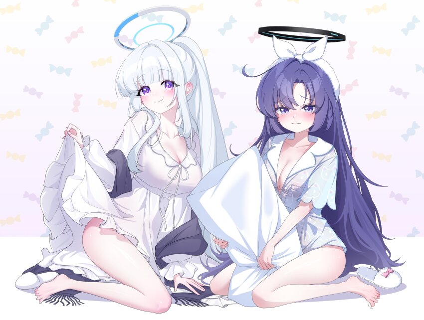 2girls absurdres animal_print barefoot blue_archive blue_pajamas blunt_bangs blush breasts cat_print charachan900 cleavage closed_mouth commentary covered_erect_nipples curtained_hair dress groin halo highres holding holding_pillow large_breasts long_hair long_sleeves looking_at_viewer mechanical_halo multiple_girls no_bra no_panties no_pants noa_(blue_archive) noa_(pajamas)_(blue_archive) pajamas parted_lips partially_unbuttoned pillow ponytail print_pajamas purple_eyes raised_inner_eyebrows short_sleeves side_part sitting slippers smile split_mouth symbol-only_commentary unworn_slippers white_background white_dress white_hair yuuka_(blue_archive) yuuka_(pajamas)_(blue_archive)