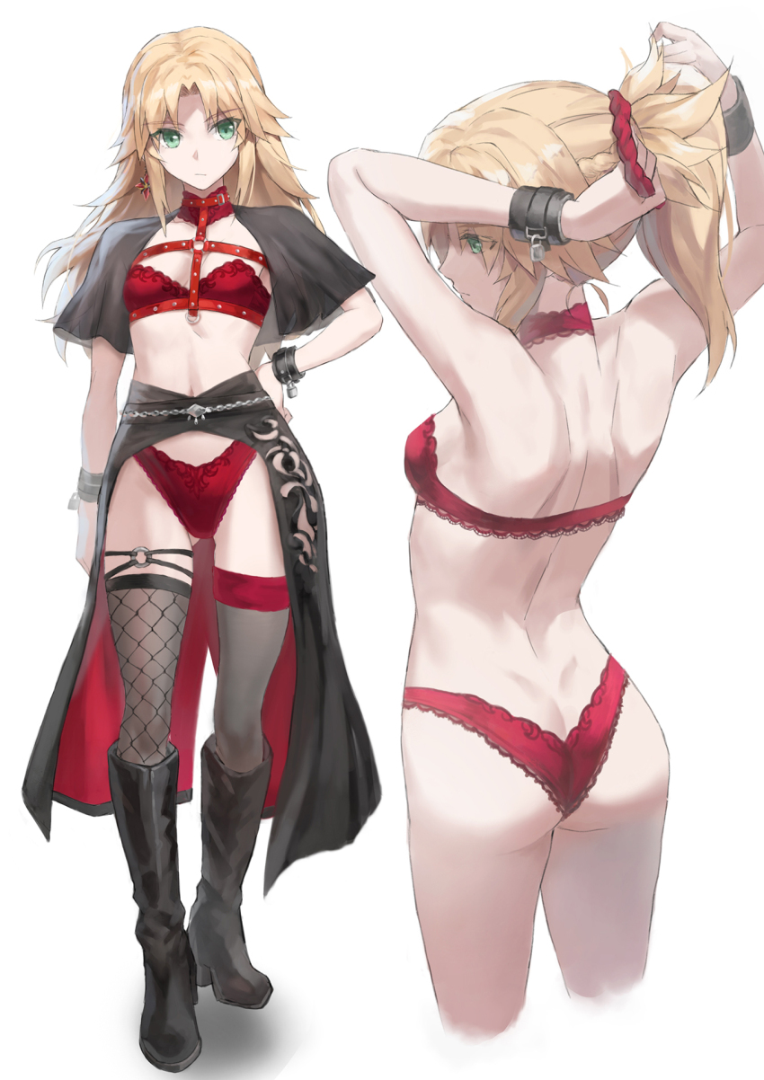 1girl arms_behind_head arms_up ass back bare_shoulders black_capelet black_footwear black_skirt black_thighhighs blonde_hair boots bra braid breasts butt_crack capelet dimples_of_venus fate/apocrypha fate_(series) fishnet_thighhighs fishnets green_eyes half_up_braid highleg highleg_panties highres knee_boots long_hair looking_at_viewer looking_to_the_side mordred_(fate) mordred_(fate/apocrypha) multiple_views panties parted_bangs ponytail red_bra red_panties showgirl_skirt sidelocks skirt small_breasts thighhighs thighs tonee tying_hair underwear