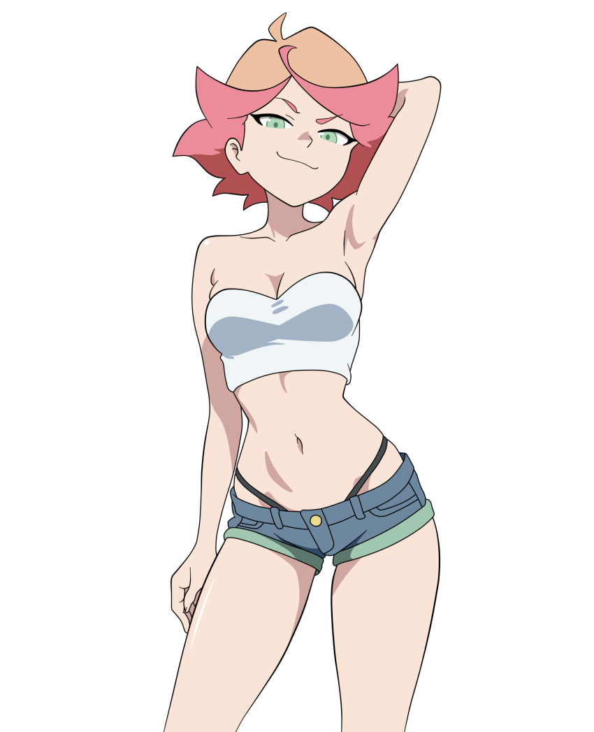 1girl alternate_costume amanda_o'neill arm_at_side arm_behind_head arm_up armpit_crease armpits bad_tag bare_arms bare_shoulders breasts cleavage clothing_request collarbone commentary contrapposto cowboy_shot english_commentary green_eyes highres infd_d little_witch_academia looking_at_viewer medium_breasts medium_hair multicolored_hair navel orange_hair red_hair seductive_smile short_shorts shorts simple_background smile solo standing stomach strapless thighs tube_top two-tone_hair white_background white_tube_top