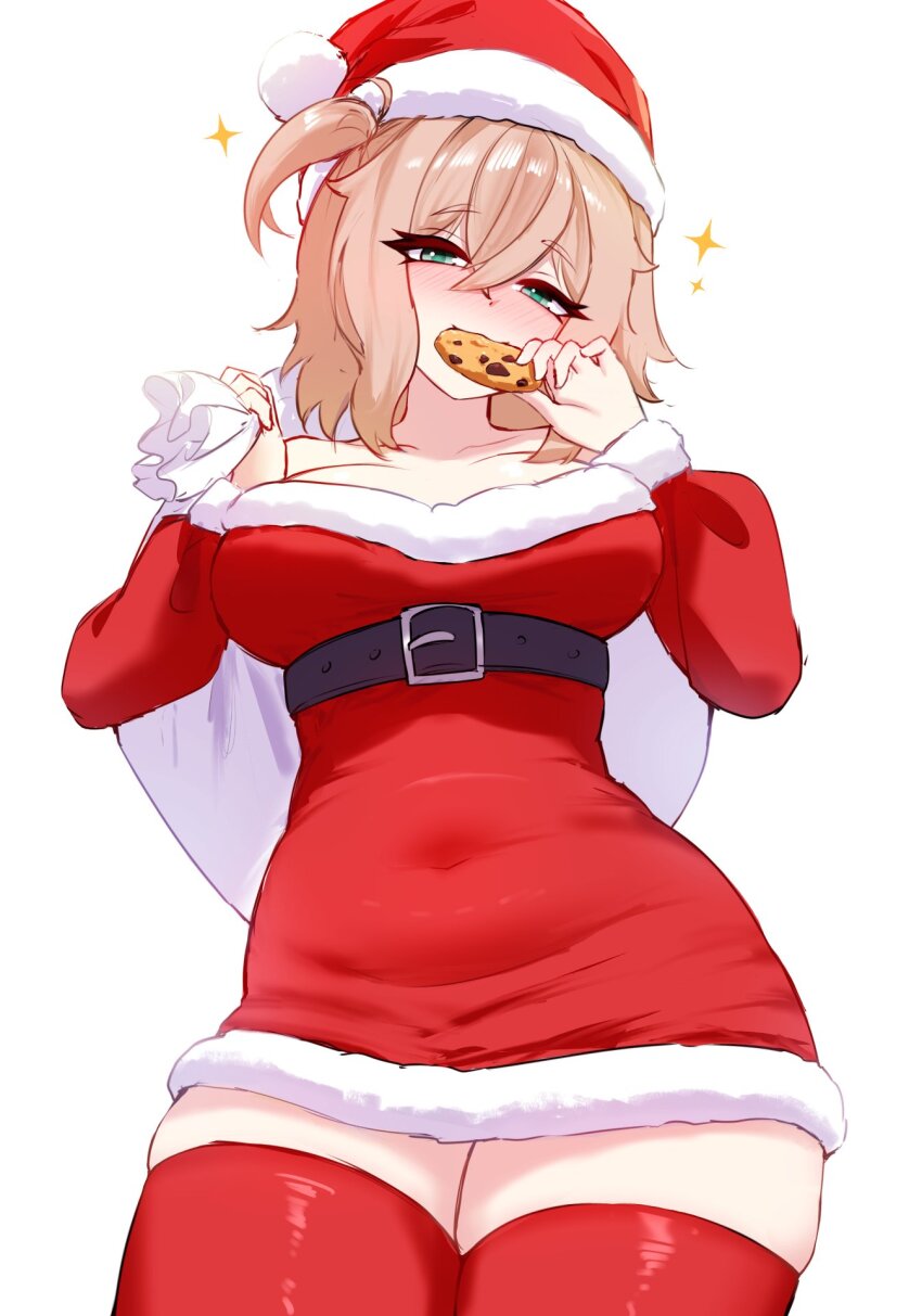 1girl alternate_costume belt black_belt blonde_hair breasts cgator closed_mouth commentary cookie dress english_commentary food fur-trimmed_dress fur-trimmed_headwear fur_trim green_eyes hat highres holding holding_cookie holding_food holding_sack indie_virtual_youtuber large_breasts looking_at_viewer nimi_nightmare one_side_up red_dress red_hat red_thighhighs sack santa_costume santa_dress santa_hat solo thighhighs virtual_youtuber white_background