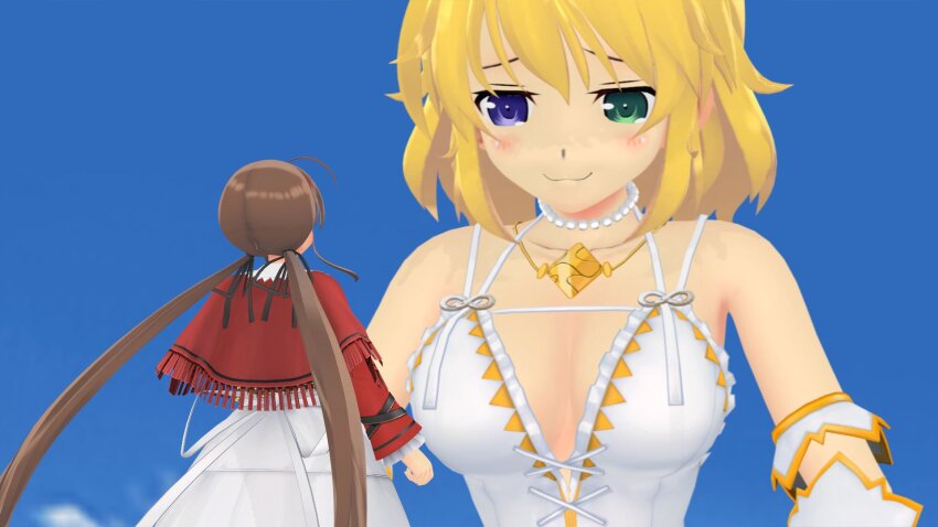 2girls 3d blonde_hair blue_eyes blue_sky breasts brown_hair commentary day did_you_want_to_talk?_(meme) english_commentary flybytails giant giantess green_eyes highres medium_breasts meme multiple_girls outdoors ryoubi_(senran_kagura) ryouna_(senran_kagura) senran_kagura short_hair siblings sisters size_difference sky twins