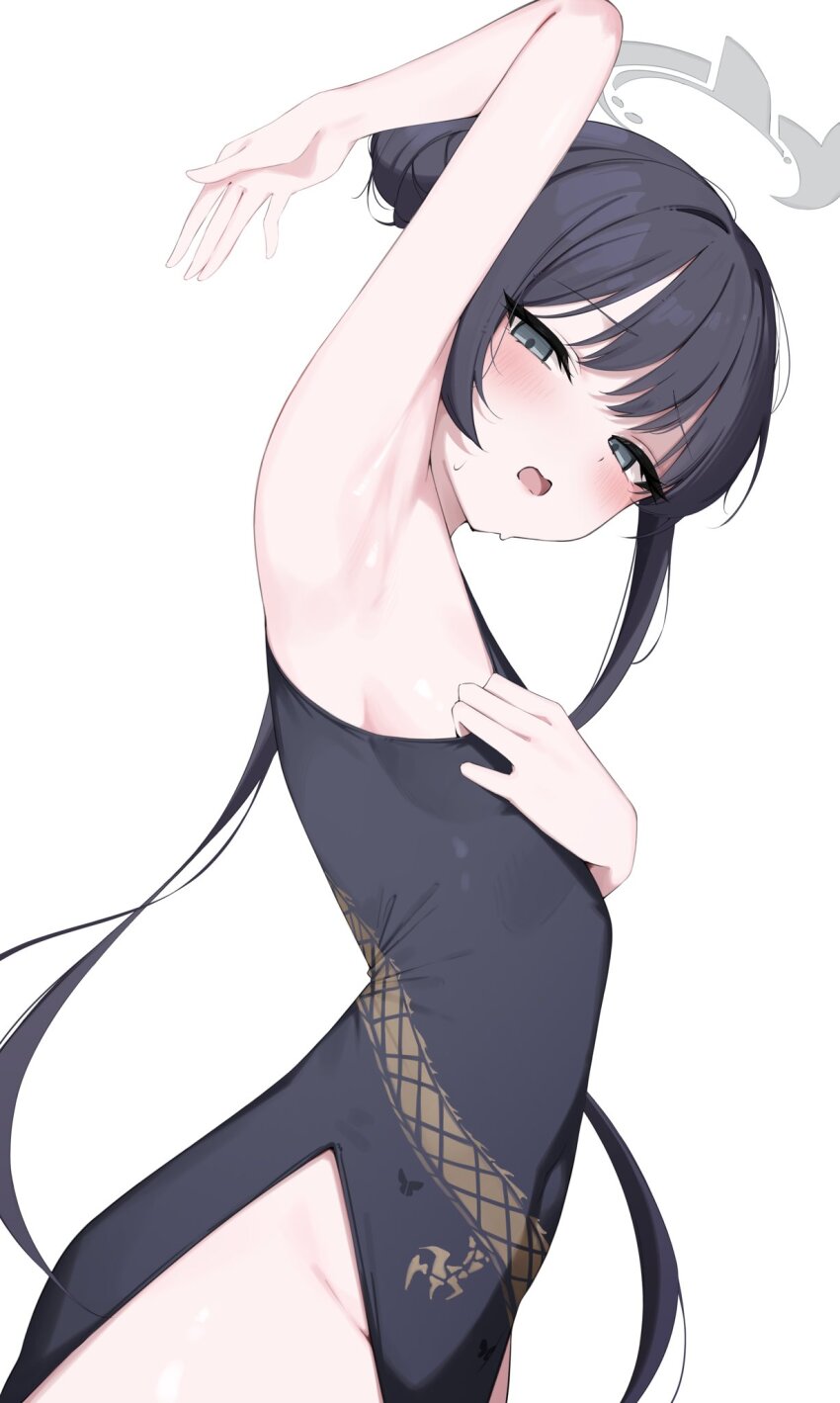 1girl arm_up armpits black_hair blue_archive butterfly_hair_ornament china_dress chinese_clothes double_bun dragon_print dress from_side grey_eyes grey_halo hair_bun hair_ornament halo hashtag-only_commentary highres kisaki_(blue_archive) looking_at_viewer nenight pelvic_curtain print_dress sleeveless sleeveless_dress solo white_background
