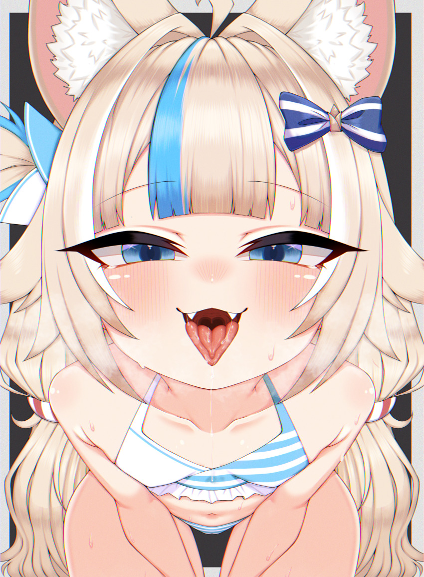 1girl ahoge animal_ear_fluff animal_ears bikini blonde_hair blue_bikini blue_bow blue_eyes blue_hair blush bow breasts cat_ears collarbone fangs hair_bow hajiwan001 highres huge_filesize indie_virtual_youtuber loli long_hair looking_at_viewer low_twintails multicolored_hair navel one_side_up open_mouth sameko_saba small_breasts solo straight-on streaked_hair striped_bikini striped_clothes sweat swimsuit tongue tongue_out twintails very_long_hair virtual_youtuber