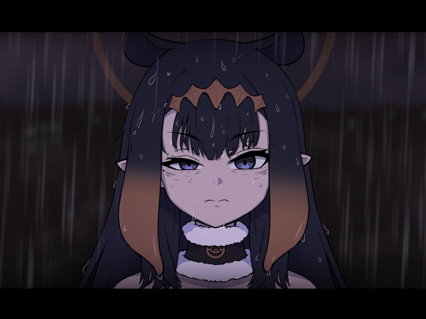 1girl black_hair blue_eyes chainsaw_man closed_mouth diamond_hairband frown fur-trimmed_collar fur_trim gradient_hair hairband highres hololive hololive_english long_hair looking_at_viewer mole mole_under_eye multicolored_hair night ninomae_ina'nis ninomae_ina'nis_(1st_costume) orange_hair orange_hairband outdoors pointy_ears rain reze's_eye_twitch_(chainsaw_man) scene_reference shutowl solo tentacle_hair virtual_youtuber