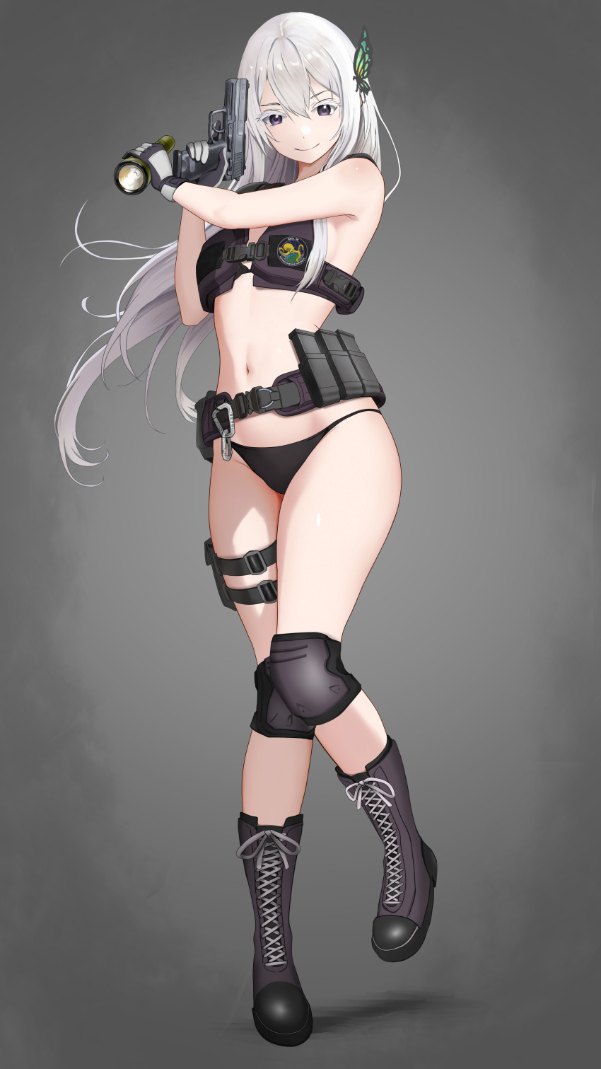 1girl absurdres alternate_costume bikini black_bikini black_boots boots breasts butterfly_hair_ornament closed_mouth commentary_request echidna_(re:zero) flashlight full_body gibun_(sozoshu) gradient_background grey_background gun h&amp;k_usp hair_ornament handgun highres holding holding_gun holding_weapon lace-up_boots long_hair medium_breasts navel purple_eyes re:zero_kara_hajimeru_isekai_seikatsu smile solo swimsuit tachi-e thighs weapon white_hair