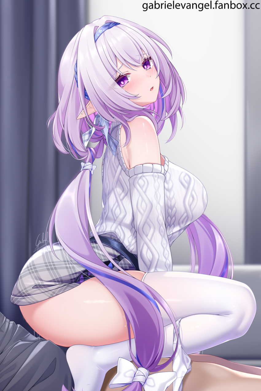 1boy 1girl blue_hairband bow breasts bulge castorice_(honkai:_star_rail) castorice_(luckin_coffee)_(honkai:_star_rail) clothing_cutout commentary english_commentary fanbox_username gabriel_evangel grey_skirt hair_bow hairband highres honkai:_star_rail honkai_(series) indoors large_breasts long_hair looking_at_viewer low-tied_long_hair low_twintails official_alternate_costume paid_reward_available panties panties_around_leg parted_lips pointy_ears purple_eyes purple_hair shoulder_cutout signature skirt solo_focus straddling sweater thighhighs twintails underwear very_long_hair white_panties white_sweater white_thighhighs