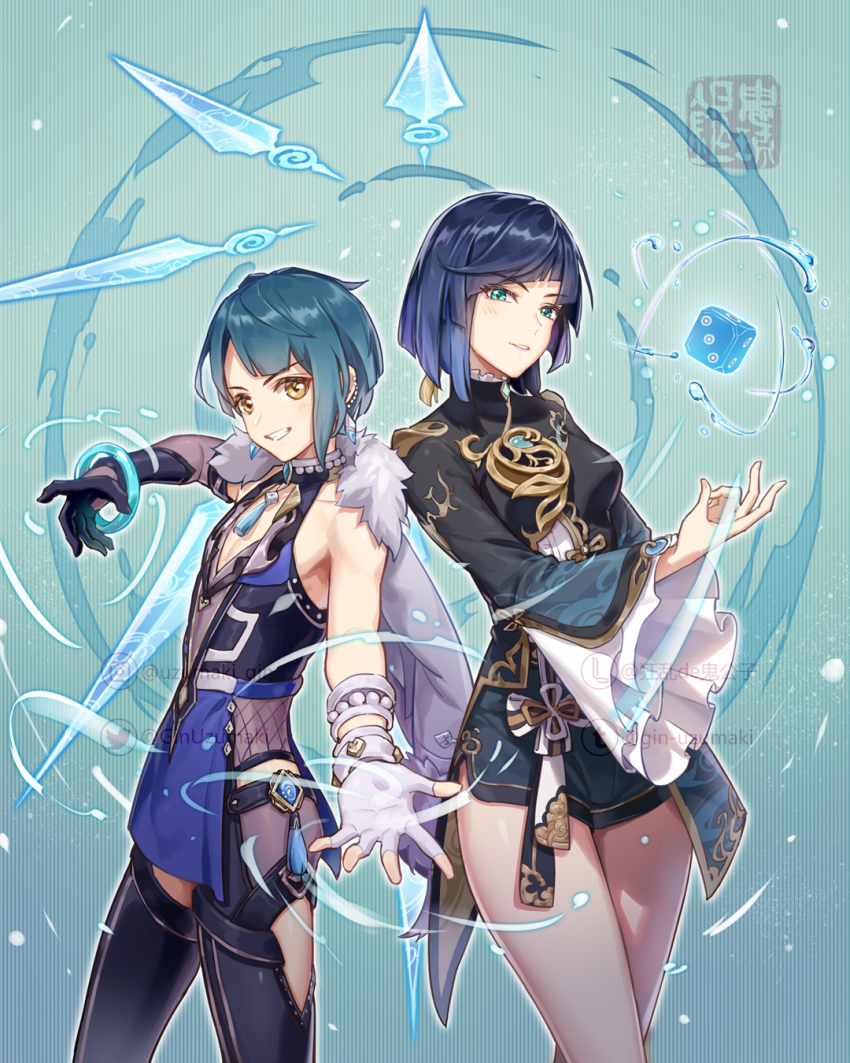1boy 1girl alternate_costume asymmetrical_gloves black_coat black_gloves black_pants blue_background blue_dress blue_hair blue_shorts bob_cut bracelet breasts chinese_clothes clothing_cutout coat commentary_request cosplay costume_switch cowboy_shot crossdressing dagger diagonal_bangs dice dress earrings fingerless_gloves frilled_sleeves frills fur-trimmed_jacket fur_trim genshin_impact gloves green_eyes grin highres hydrokinesis jacket jacket_on_shoulders jewelry knife kyouran_de_onikoushi long_sleeves looking_at_viewer medium_breasts mismatched_gloves pants parted_lips short_hair shorts side-by-side smile tassel_choker thigh_cutout trait_connection vision_(genshin_impact) water watermark weapon white_gloves wide_sleeves xingqiu_(genshin_impact) xingqiu_(genshin_impact)_(cosplay) yelan_(genshin_impact) yelan_(genshin_impact)_(cosplay) yellow_eyes