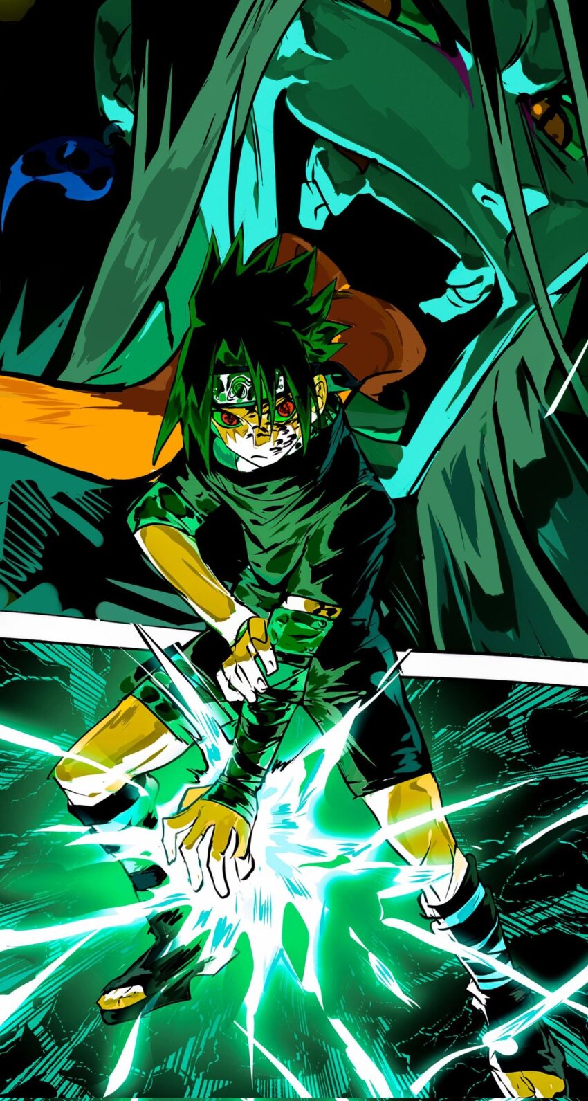 2boys black_hair black_pants black_shirt chidori_(naruto) curse_seal earrings electricity electrokinesis facial_mark forehead_protector glaring hair_between_eyes high_collar highres jewelry konohagakure_symbol long_hair long_tongue looking_at_viewer male_focus multiple_boys naruto_(classic) naruto_(series) official_alternate_costume open_mouth orochimaru_(naruto) pants red_eyes sandals sharingan shirt short_sleeves shorts slit_pupils tomoe_(symbol) tongue tongue_out uchiha_sasuke xi_luo_an_ya yellow_eyes