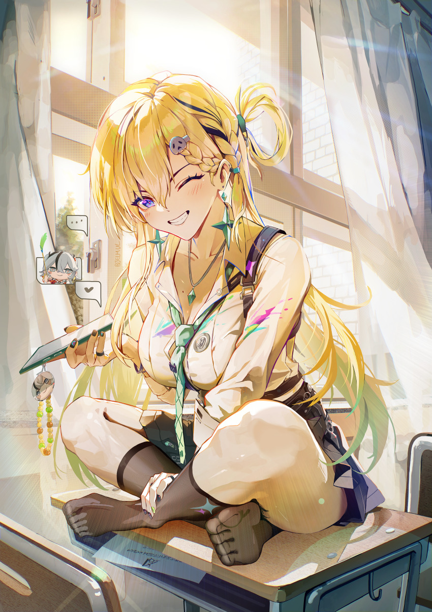 1girl absurdres aqua_necktie black_nails black_skirt black_socks blonde_hair braid braided_bangs breasts camellya_mascot_(meme) cellphone classroom cleavage commentary curtains desk english_commentary gradient_hair green_hair grin hair_between_eyes hair_ornament highres holding holding_phone jelmul large_breasts long_hair looking_at_viewer lynae_(wuthering_waves) meme multicolored_hair nail_polish necktie no_shoes on_desk one_eye_closed phone purple_eyes school_desk shirt shirt_tucked_in sitting skirt skull_hair_ornament smartphone smile socks solo toes white_shirt window wuthering_waves