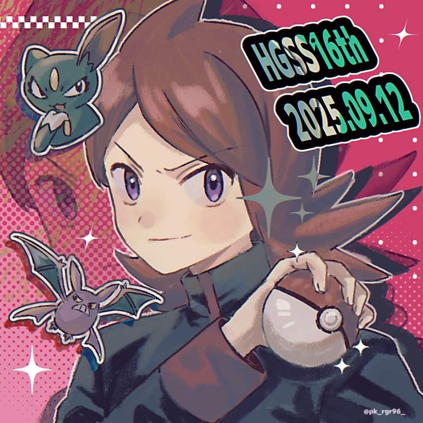 1boy anniversary arm_up ben-day_dots black_jacket closed_mouth crobat dated dot_nose gen_2_pokemon highres jacket long_sleeves looking_to_the_side male_focus medium_hair nintendo parted_bangs pk_rgr96 pokemon pokemon_(creature) pokemon_hgss purple_eyes red_hair screentones sideways_glance silver_(pokemon) sleeve_cuffs smile sneasel solo twitter_username