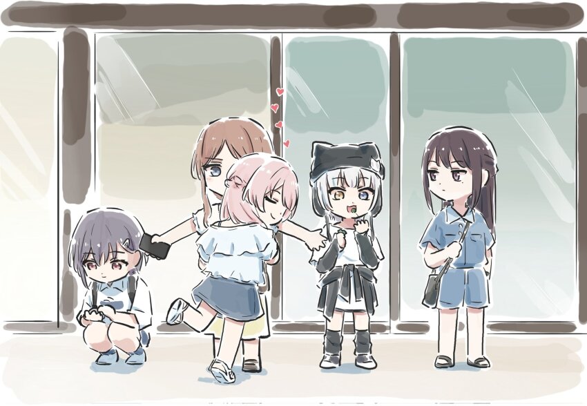 5girls :3 animal_ear_headwear bang_dream! bang_dream!_it&#039;s_mygo!!!!! black_hair black_hat black_jacket blue_eyes blue_shirt blue_shorts blue_skirt braid brown_eyes brown_hair candy chihaya_anon closed_eyes closed_mouth clothes_around_waist commentary corrupted_twitter_file fake_animal_ears food grey_hair hair_ornament hairclip half_up_braid hat heart heterochromia highres hug jacket jacket_around_waist kaname_raana long_hair lyy matcha_(food) multiple_girls mygo!!!!!_(bang_dream!) nagasaki_soyo open_mouth purple_eyes rock shiina_taki shirt short_hair shorts sidelocks skirt squatting symbol-only_commentary takamatsu_tomori white_shirt yellow_eyes yellow_skirt yuri