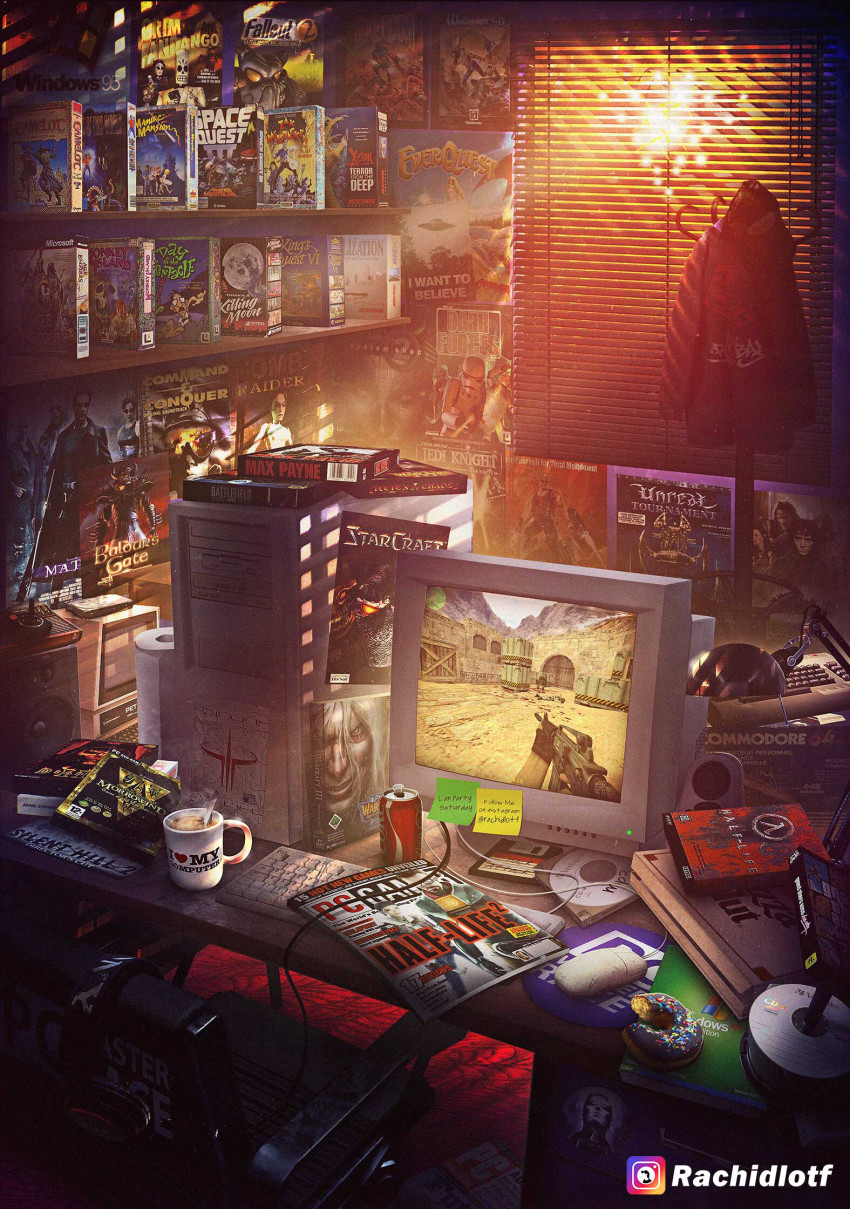 absurdly_detailed_composition age_of_empires_(series) age_of_empires_i alyx_vance artist_name atari atari_2600 baldur&#039;s_gate battlefield_(series) battlefield_1942 bitten box can cd cd_case chair civilization_(series) coat_rack coca-cola command_&amp;_conquer commentary commodore_64 commodore_pet computer computer_keyboard computer_mouse computer_tower controller counter-strike counter-strike_(series) crt cup cypher_(matrix) day_of_the_tentacle desk desk_lamp deus_ex deus_ex_(2000) diablo diablo_(series) diablo_1 donut doom_(series) doom_i doomguy drink_can duke_nukem duke_nukem_(character) duke_nukem_(series) duke_nukem_3d dungeons_&amp;_dragons dungeons_&amp;_dragons english_commentary everquest fallout fallout_2 film_grain floppy_disk food frodo_baggins game_console game_controller gordon_freeman grand_theft_auto grand_theft_auto:_vice_city grim_fandango half-life half-life_(series) hard_drive headphones headset heart highres imp_(doom) indoors instagram instagram_username joystick lamp lara_croft light_rays loaded_interior magazine_(object) max_payne max_payne_(character) max_payne_(series) microsoft_windows monitor monkey_island morpheus_(matrix) mousepad_(object) mug neo_(the_matrix) no_humans paper_towel pizza_hut poster_(medium) quake_(series) quake_3_arena rachid_lotf scenery shadow silent_hill_(series) silent_hill_2 soda_can sony space_quest speaker star_wars starcraft sticky_note sunbeam sunlight system_shock_2 the_elder_scrolls the_elder_scrolls_iii:_morrowind the_lord_of_the_rings the_matrix tolkien&#039;s_legendarium tomb_raider trinity ufo unreal_tournament warcraft warcraft_iii window_blinds windows_95 windows_classic windows_xp wolfenstein_(series) wolfenstein_3d x-com x-com_(classic)