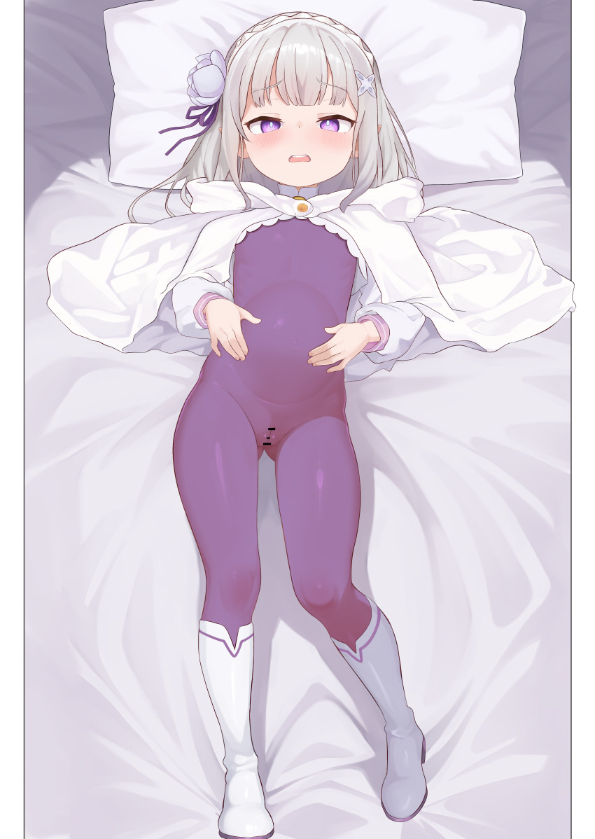 1girl absurdres aged_down bad_tag bar_censor bed blush bodysuit boots cameltoe censored dallei emilia_(re:zero) female_focus flat_chest full_body grey_hair hair_ornament hairband highres hood legs loli long_hair lying on_back on_bed pillow pointy_ears pregnant pregnant_loli purple_eyes re:zero_kara_hajimeru_isekai_seikatsu solo thighs x_hair_ornament
