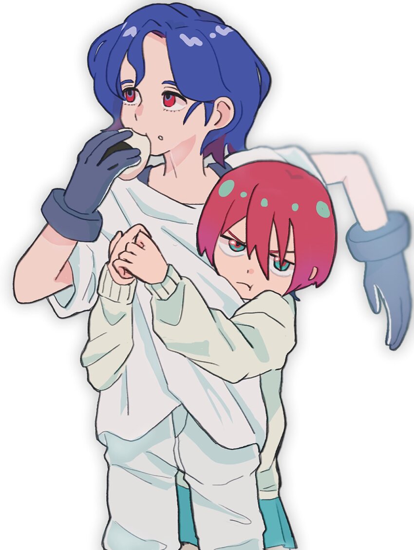 1boy 1girl :t amate_yuzuriha aqua_eyes bal09853549800 blue_hair colored_inner_hair eating food food_on_face glaring gloves gundam gundam_gquuuuuux hetero highres holding holding_food hug hug_from_behind jitome long_sleeves looking_at_viewer lower_eyelashes_only multicolored_hair purple_hair red_eyes red_hair school_uniform shirt short_hair shuji_ito simple_background steamed_bun sweater two-tone_hair white_background white_shirt