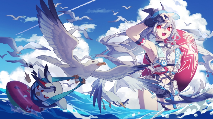 1girl :d absurdres armpits bird black_gloves blue_sky chinese_commentary cloud commentary_request fingerless_gloves gloves goggles goggles_around_neck grey_hair hair_between_eyes herrscher_of_sentience herrscher_of_sentience_(ooh!_summer!) high_ponytail highres holding holding_swim_ring honkai_(series) honkai_impact_3rd innertube jingwei_(bird) long_hair open_mouth ponytail red_eyes seagull sky smile solo swim_ring too_many too_many_birds very_long_hair visor_cap wading water yellow_pupils zhaonan