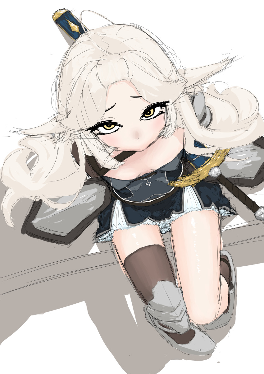 1girl ahoge armor breasts cleavage forehead from_above hip_armor indie_virtual_youtuber knight leg_armor looking_at_viewer looking_up matoi_miia meatscepter sheath small_breasts sword virtual_youtuber weapon white_hair yellow_eyes