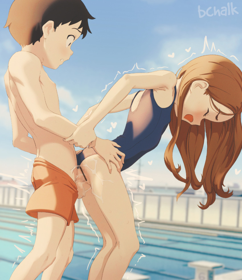 1boy 1girl arched_back armpits artist_name ass black_eyes black_hair blue_one-piece_swimsuit blue_sky blurry blurry_background blush breasts brown_hair butterchalk censored closed_eyes clothed_sex cloud commentary cum cum_in_pussy day doggystyle hetero highres karakai_jouzu_no_takagi-san kodomo_doushi loli long_hair looking_at_another medium_hair mosaic_censoring nipples nishikata one-piece_swimsuit open_mouth orange_shorts outdoors parted_bangs penis pool pussy school_swimsuit sex sex_from_behind short_hair shorts shota sky small_breasts solo_focus standing standing_sex straddling swimsuit takagi-san thighhighs torso_grab trembling vaginal water