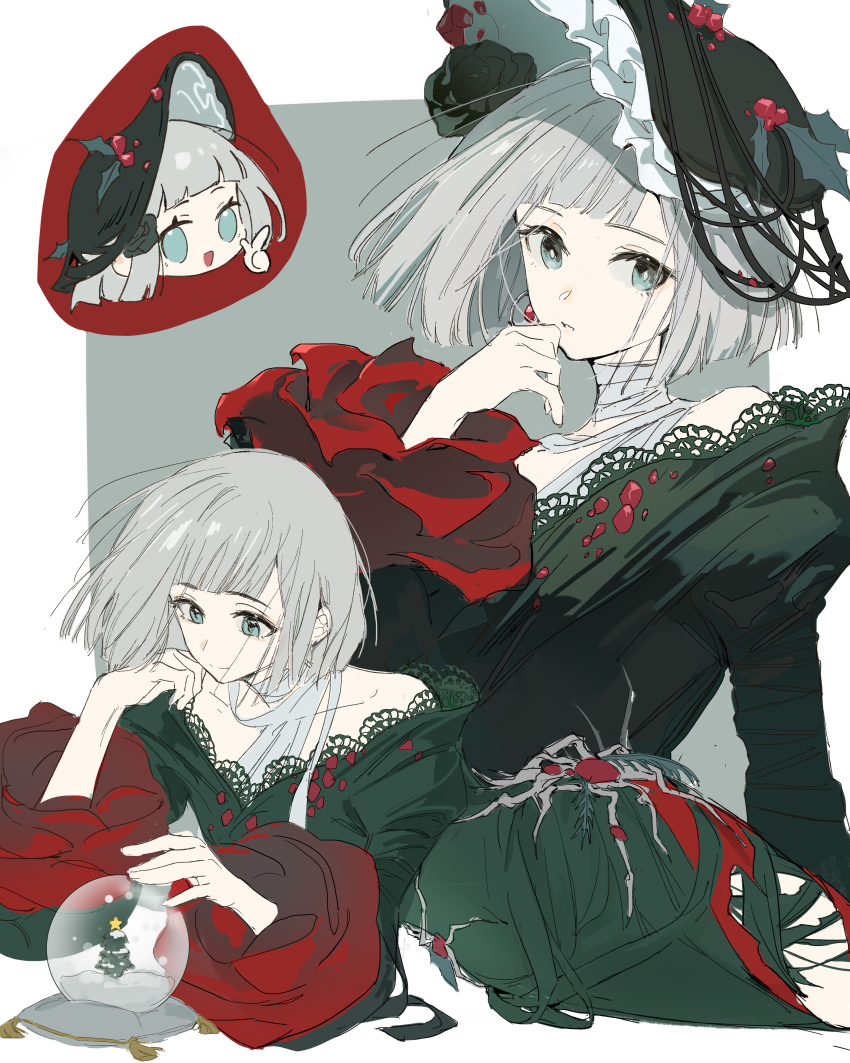 1girl :d absurdres bare_shoulders black_dress black_hat blue_eyes blunt_bangs blunt_ends bob_cut border chibi chibi_inset dress grey_background grey_hair hashtag-only_commentary hat highres juliet_sleeves long_dress long_sleeves looking_at_object lying mercuria_(reverse:1999) multiple_views off-shoulder_dress off_shoulder official_alternate_costume on_side open_mouth outside_border puffy_sleeves reverse:1999 short_hair smile snow_globe white_border youzhiyuan