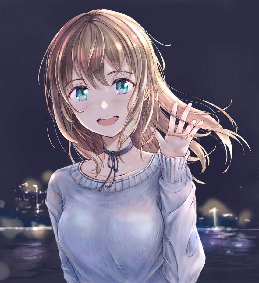 1girl black_choker blue_eyes blue_shirt breasts brown_hair choker choppy_bangs commentary_request hand_in_own_hair hand_up highres kototomari long_sleeves looking_at_viewer medium_breasts medium_hair night open_mouth original outdoors shirt smile solo upper_body