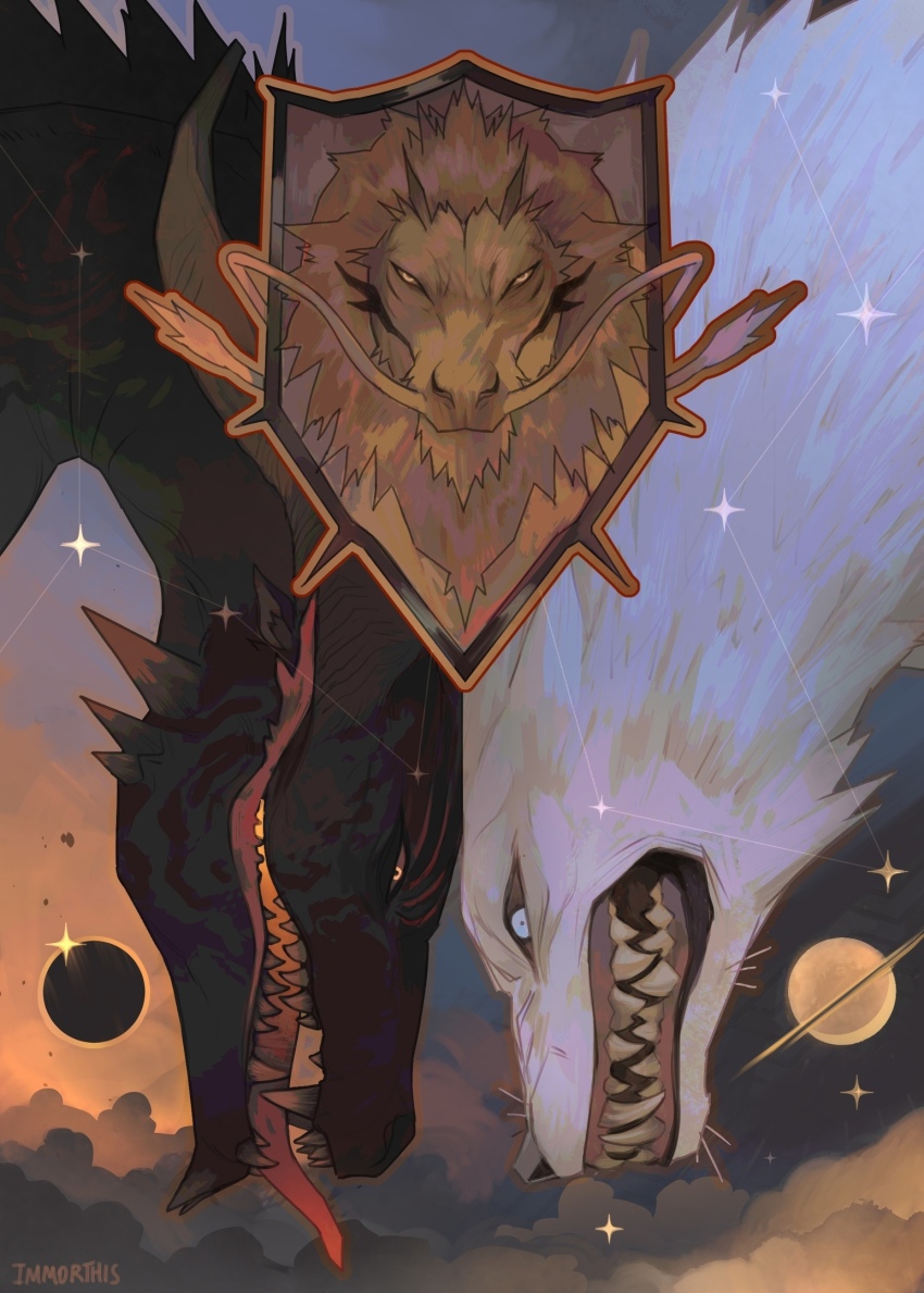 animal_focus artist_name cloud coat_of_arms commentary commentary_request constellation creature dragon highres immorthis limited_palette monster moon original planet portrait simple_background star_(sky) teeth tongue watermark white_fur wolf