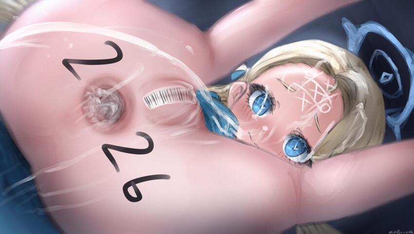 1girl absurdres after_anal aftersex anus apron apron_lift ass ass_focus autreeyah blonde_hair blue_archive blue_eyes blush body_writing bottomless censored clothes_lift cum cum_in_ass cum_on_body cum_on_lower_body cumdrip facial gaping gaping_anus halo happy_new_year highres legs loli long_hair maebari new_year plow_pose short_twintails solo sora_(blue_archive) tape tape_maebari thighs twintails