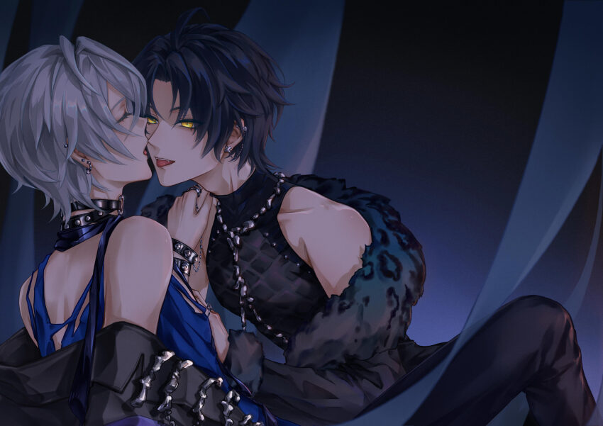 2boys asaba_harumasa black_coat black_hair black_pants coat commentary_request compression_shirt grey_hair highres multiple_boys open_clothes pants tdjchh tongue wise_(zenless_zone_zero) yaoi yellow_eyes zenless_zone_zero