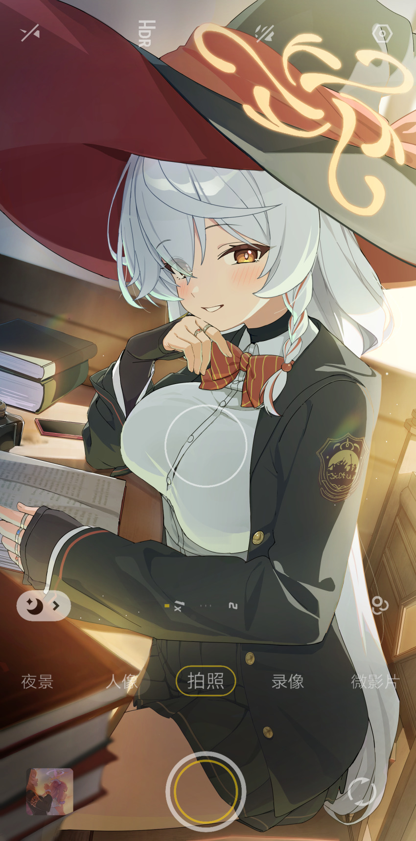 3girls absurdres arm_up black_coat black_dress black_hat black_shirt black_skirt blue_archive book bow bowtie bra_visible_through_clothes braid breasts button_gap cameo chair chinese_commentary coat collared_shirt commentary_request dress dress_shirt eri_(blue_archive) eyes_visible_through_hair fake_phone_screenshot fake_screenshot feet_out_of_frame from_side hair_between_eyes hair_bun halo hand_on_own_chin hat highres holding holding_book jewelry large_breasts long_hair long_sleeves looking_at_viewer mari_(blue_archive) mika_(blue_archive) miniskirt multicolored_hair multiple_girls nun on_chair open_book open_clothes open_coat open_mouth orange_eyes orange_hair phone pink_hair pink_halo pleated_skirt praying red_hair red_hat ring school_uniform shirt shirt_tucked_in side_halo sitting skirt smile solo sunlight table thick_thighs thighs undershirt very_long_hair viewfinder white_dress white_hair white_shirt wild_hunt_academy_of_arts_logo witch witch_hat xubai