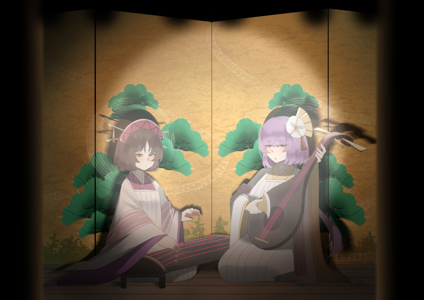 2girls :o absurdres alternate_costume biwa_lute brown_eyes brown_hair commentary dress expressionless highres instrument koto_(instrument) long_hair long_sleeves looking_at_viewer lute_(instrument) medium_hair multiple_girls music no_noru parted_lips playing_instrument puffy_sleeves purple_eyes purple_hair seiza sitting stage striped_clothes touhou tsukumo_benben tsukumo_yatsuhashi white_dress