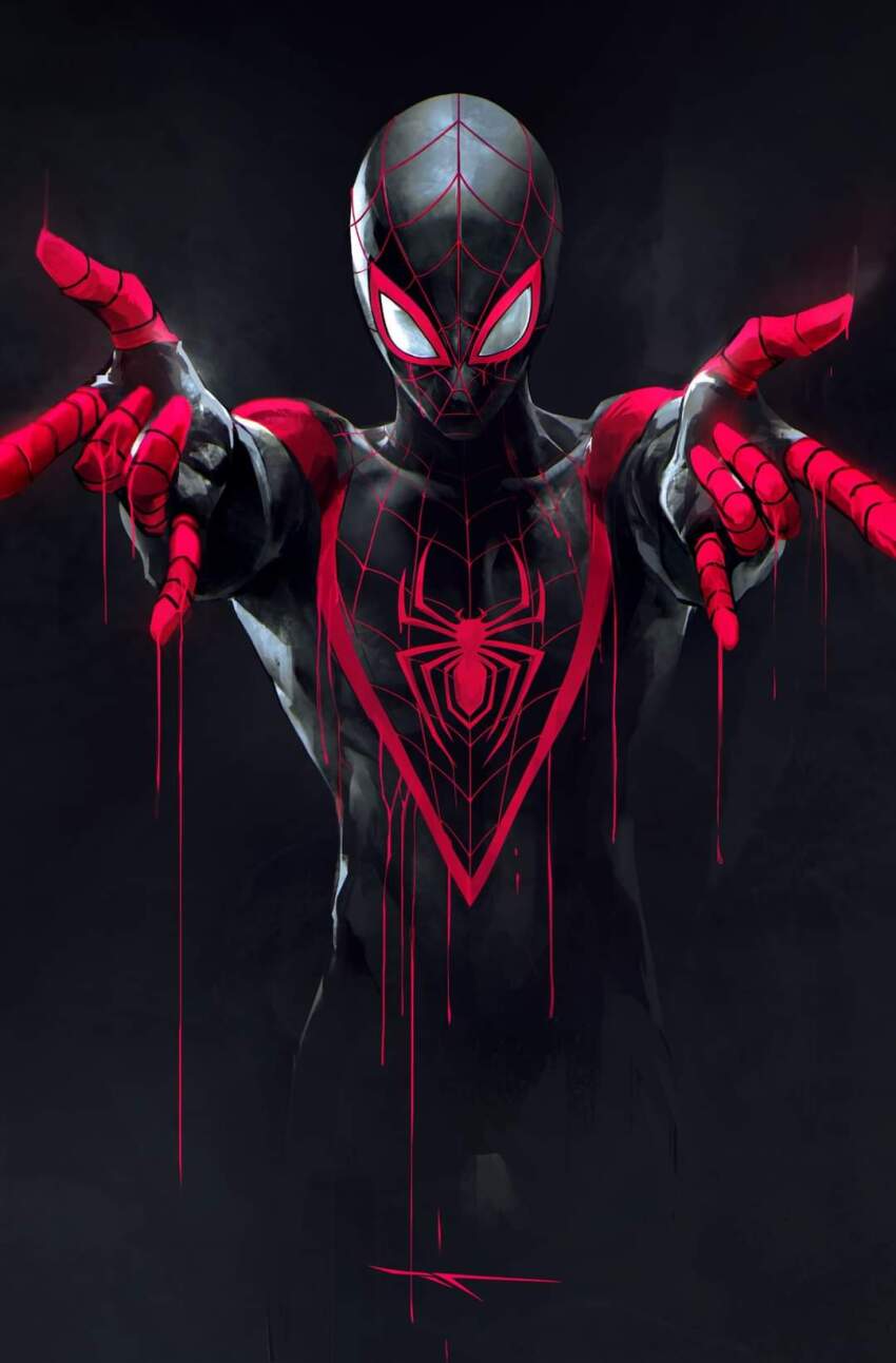 1boy animal_print asymmetrical_hair bodysuit highres ivan_tao male_focus marvel miles_morales multicolored_bodysuit print_bodysuit sidecut solo spider-man:_across_the_spider-verse spider-man_(miles_morales) spider-man_(series) spider-verse spider_print spider_web_print superhero_costume two-tone_bodysuit undercut