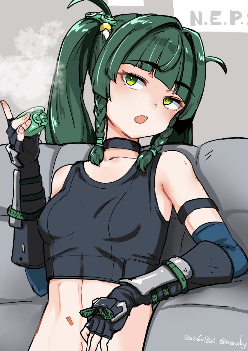 1girl arm_guards bare_shoulders black_gloves black_sports_bra braid breasts choker commentary_request cup elbow_gloves gloves green_eyes green_hair highres long_hair looking_at_viewer navel nosuku open_mouth qingyi_(zenless_zone_zero) sidelocks small_breasts solo sports_bra twin_braids twintails zenless_zone_zero