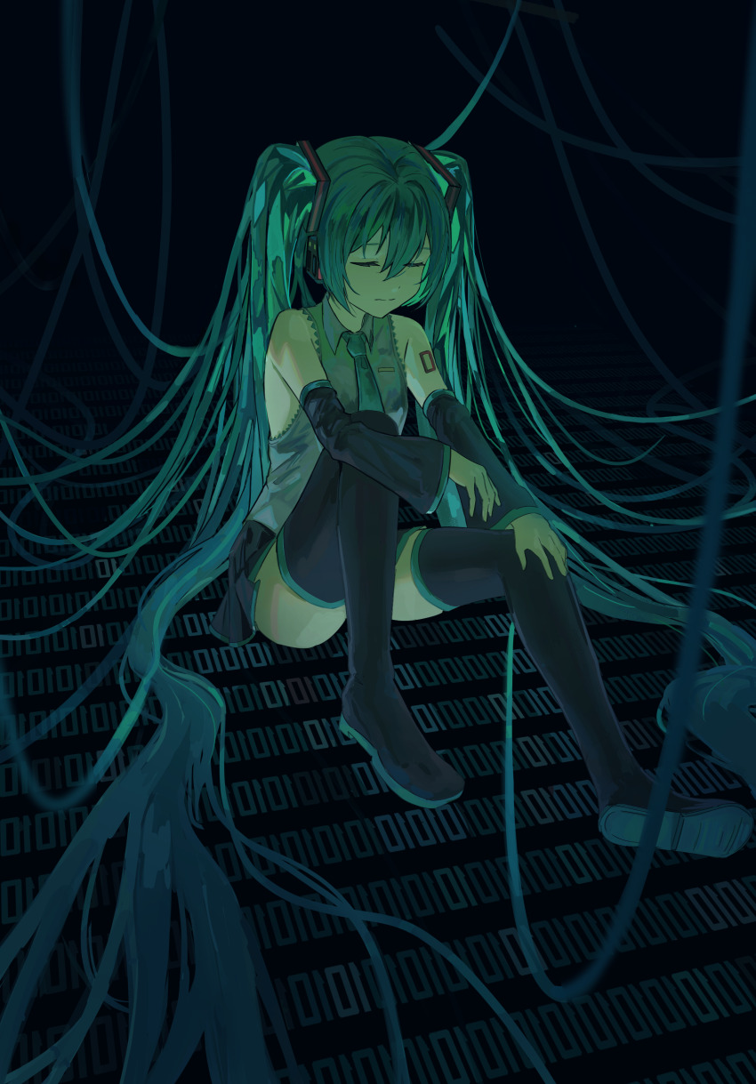 1girl absurdly_long_hair absurdres arm_on_knee binary black_shoes black_skirt black_sleeves black_thighhighs closed_eyes closed_mouth commentary detached_sleeves full_body hair_between_eyes hand_on_own_knee hatsune_miku highres k2s knees_up long_hair miniskirt shirt shoes sitting skirt sleeveless sleeveless_shirt solo thighhighs twintails very_long_hair vocaloid white_shirt