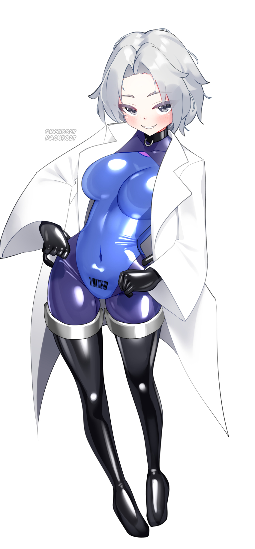 1girl absurdres barcode bodysuit breasts collar dress gown grey_eyes grey_hair highres impossible_bodysuit impossible_clothes large_breasts latex latex_bodysuit looking_at_viewer maguro27 open_mouth original short_hair skin_tight solo standing teeth