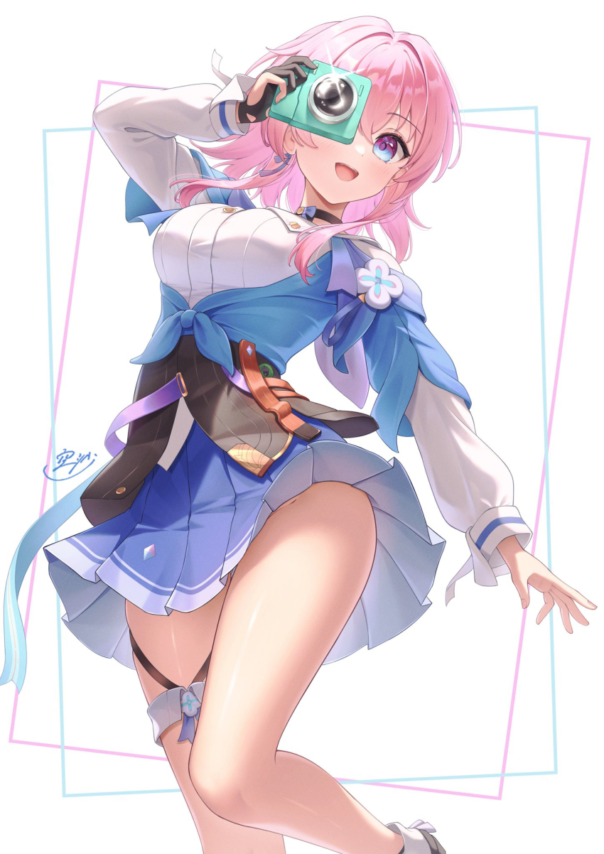 1girl archery_shooting_glove black_choker blue_jacket blue_skirt breasts camera choker clothes_lift commentary_request gloves highres holding holding_camera honkai:_star_rail honkai_(series) jacket looking_at_viewer march_7th_(honkai:_star_rail) medium_breasts medium_hair multicolored_eyes open_mouth partially_fingerless_gloves pink_hair pleated_skirt skirt skirt_lift solasuna solo taking_picture tied_jacket two-tone_eyes white_background
