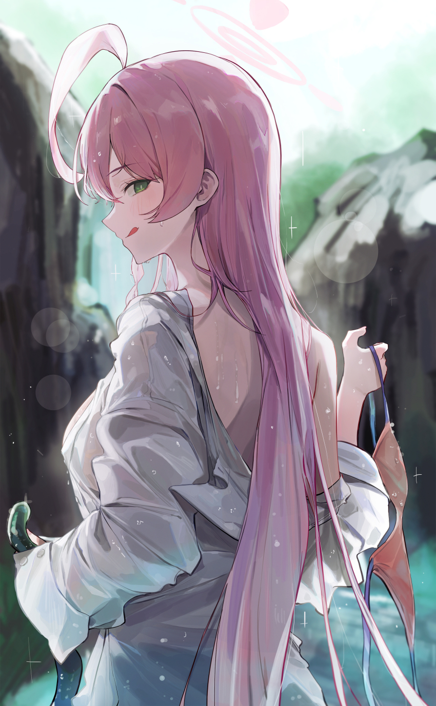 1girl absurdres ahoge blance blue_archive blush breasts closed_mouth green_eyes halo hanako_(blue_archive) hanako_(swimsuit)_(blue_archive) highres holding holding_hose hose large_breasts long_hair long_sleeves official_alternate_costume pink_hair pink_halo shirt smile solo tongue tongue_out white_shirt