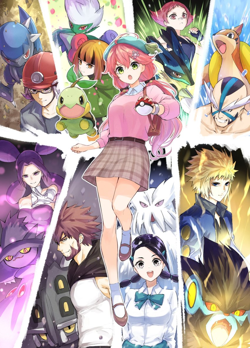 4boys 5girls abomasnow ahoge backpack bag bandaid bandaid_on_face bandaid_on_nose bastiodon belt blonde_hair blue_eyes blue_jacket blunt_bangs bracelet breasts brown_eyes brown_hair byron_(pokemon) candice_(pokemon) capelet commentary_request cosplay cranidos crasher_wake dawn_(pokemon) dawn_(pokemon)_(cosplay) elbow_gloves facial_hair fantina_(pokemon) fingerless_gloves floatzel gardenia_(pokemon) gen_4_pokemon glasses gloves goatee green_eyes grey_eyes grin hair_ornament hairclip helmet highres hololive jacket jewelry long_hair low_twintails lucario luxray maylene_(pokemon) medium_breasts miniskirt mismagius multiple_boys multiple_girls nintendo pink_eyes pink_hair plaid_clothes plaid_skirt poke_ball poke_ball_(basic) pokemon pokemon_(creature) pokemon_bdsp purple_hair roark_(pokemon) roserade sakura_miko semi-rimless_eyewear serious short_hair skirt smile spiked_hair sweater tank_top turtwig twintails under-rim_eyewear virtual_youtuber volkner_(pokemon) white_gloves white_tank_top yuu201023