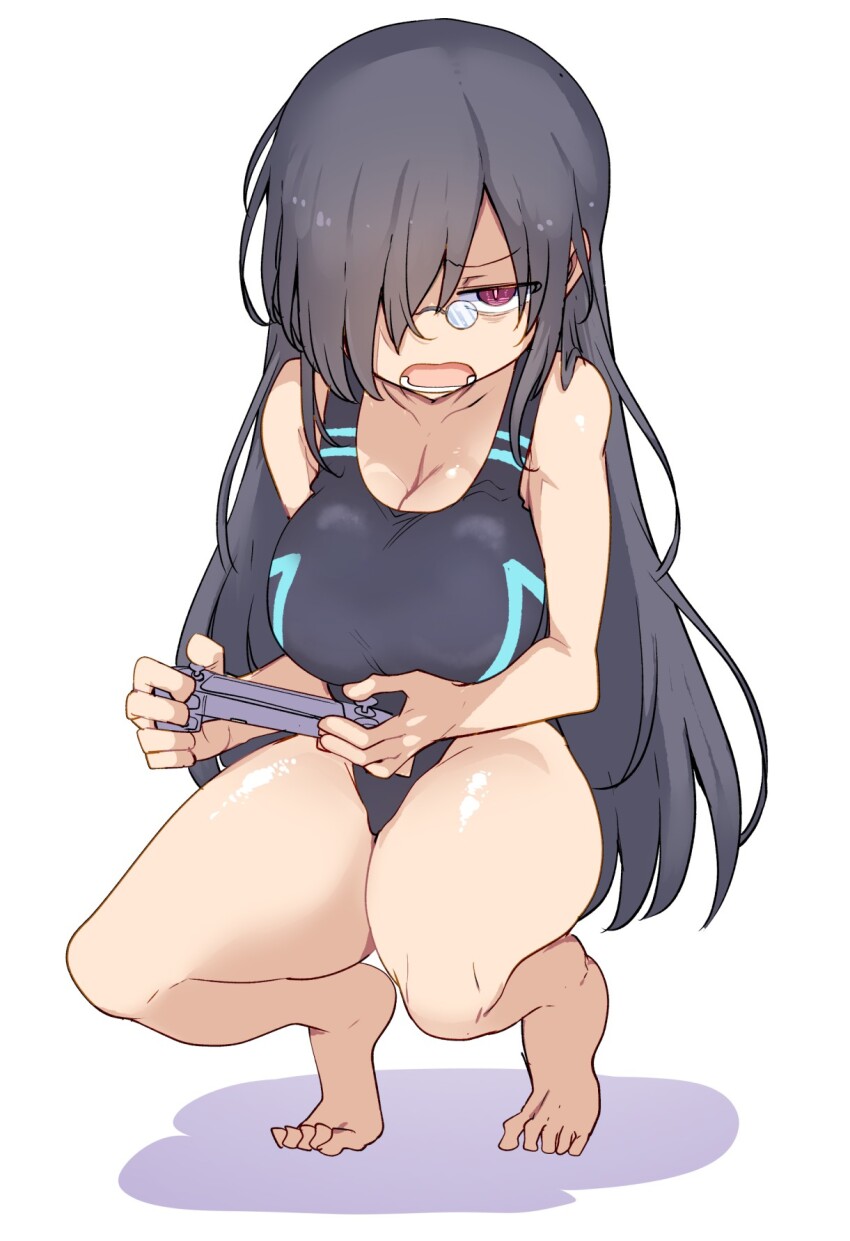 1girl breasts cleavage competition_school_swimsuit controller cool-kyou_shinja dragon_girl fafnir_(maidragon) full_body game_controller genderswap genderswap_(mtf) glasses hair_over_one_eye highres holding holding_controller kobayashi-san_chi_no_maidragon large_breasts long_hair looking_at_viewer official_art one-piece_swimsuit open_mouth pince-nez red_eyes school_swimsuit scowl simple_background solo squatting swimsuit taut_clothes taut_swimsuit tiptoes white_background