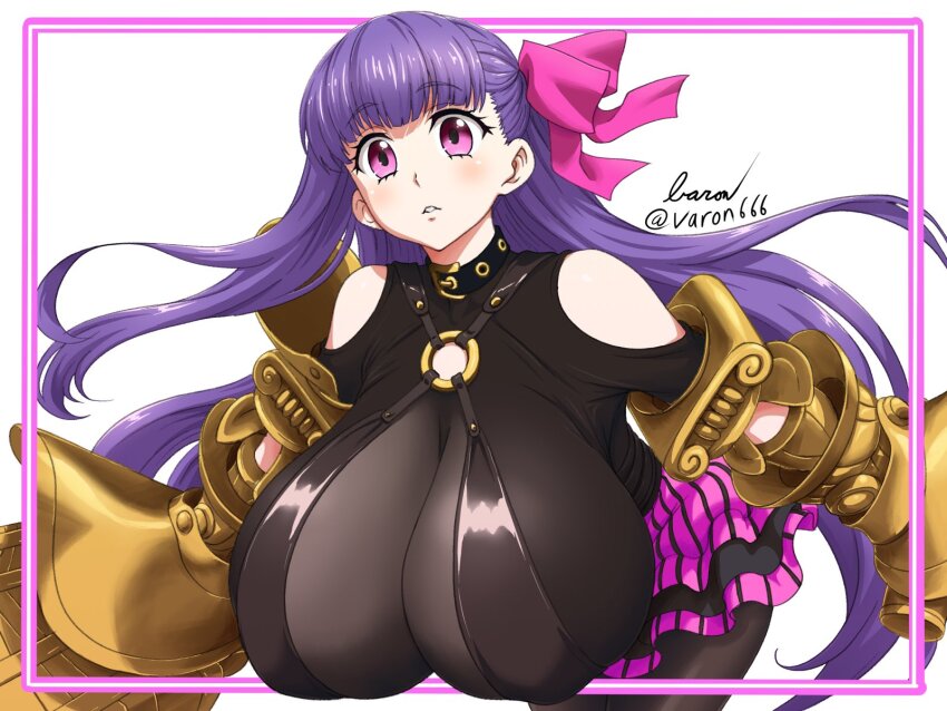 1girl artist_name baron_(varon666) bent_over black_pantyhose breasts clothing_cutout fate/grand_order fate_(series) gigantic_breasts hair_ribbon hashtag-only_commentary highres long_hair looking_at_viewer mechanical_arms o-ring oversized_forearms oversized_limbs pantyhose parted_lips passionlip_(fate) pink_ribbon purple_eyes purple_hair ribbon shoulder_cutout signature simple_background solo twitter_username very_long_hair white_background