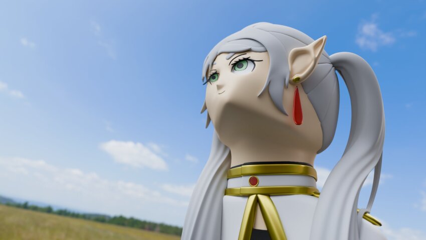 1girl 3d blue_sky blurry blurry_background capelet commentary derivative_work earrings elf english_commentary frieren gold_trim green_eyes grey_hair hair_over_shoulder head_back highres jewelry kiocaworks long_pointy_ears looking_up meme outdoors parted_bangs pointy_ears sky solo sousou_no_frieren teardrop_earrings thick_eyebrows twintails upper_body upward_angle_frieren_drawing_(meme) white_capelet