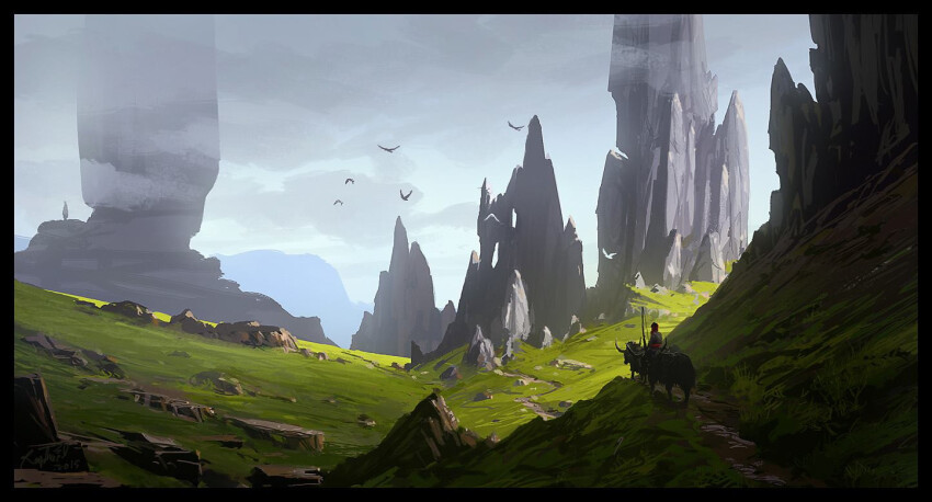 animal blue_sky bull cloud cloudy_sky commentary english_commentary flock from_behind grass hill landscape mountain original outdoors painterly path pillar raphael-lacoste road rock scenery sky sunlight