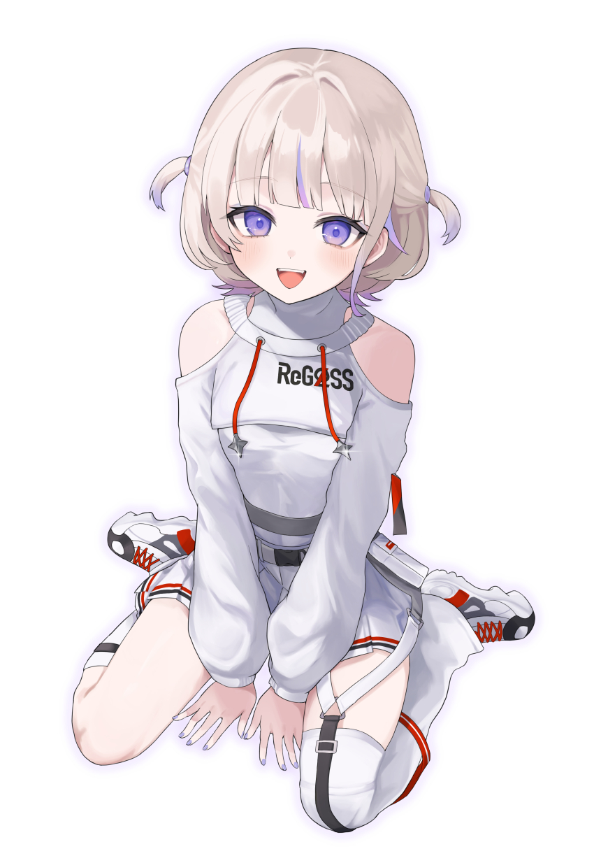 1girl absurdres blonde_hair breasts clothing_cutout commentary_request highres hololive hololive_dev_is leotard looking_at_viewer multicolored_hair nail_polish pleated_skirt purple_eyes purple_hair purple_nails shirakabamoga shoes short_hair shoulder_cutout shrug_(clothing) simple_background single_thighhigh sitting skirt small_breasts solo streaked_hair thighhighs todoroki_hajime todoroki_hajime_(regloss_uniform) virtual_youtuber wariza white_background white_leotard white_shoes white_shrug white_skirt white_thighhighs