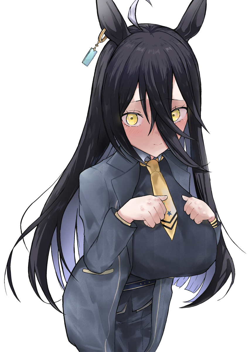 1girl absurdres ahoge alternate_breast_size_(larger) animal_ears black_hair black_skirt black_vest blunt_ends blush breasts closed_mouth collared_shirt cystride ear_ornament ear_tag earrings hair_between_eyes hand_on_own_chest hem_peeking_out highres horse_ears horse_girl jewelry large_breasts long_hair long_hair_between_eyes looking_at_viewer manhattan_cafe_(umamusume) multicolored_hair necktie pleated_skirt shirt simple_background single_earring skirt smile solo umamusume very_long_hair vest white_background white_hair white_shirt yellow_eyes yellow_necktie