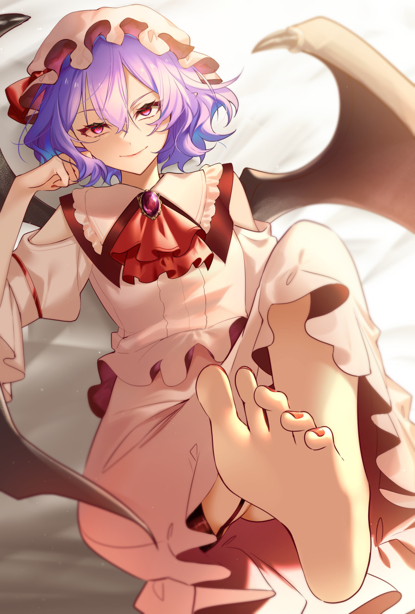 1girl absurdres ascot barefoot bat_wings dress hat highres jewelry kodouirasto looking_at_viewer lying mob_cap purple_eyes purple_hair red_ascot red_nails remilia_scarlet short_hair smile solo thigh_strap toes touhou white_dress wings