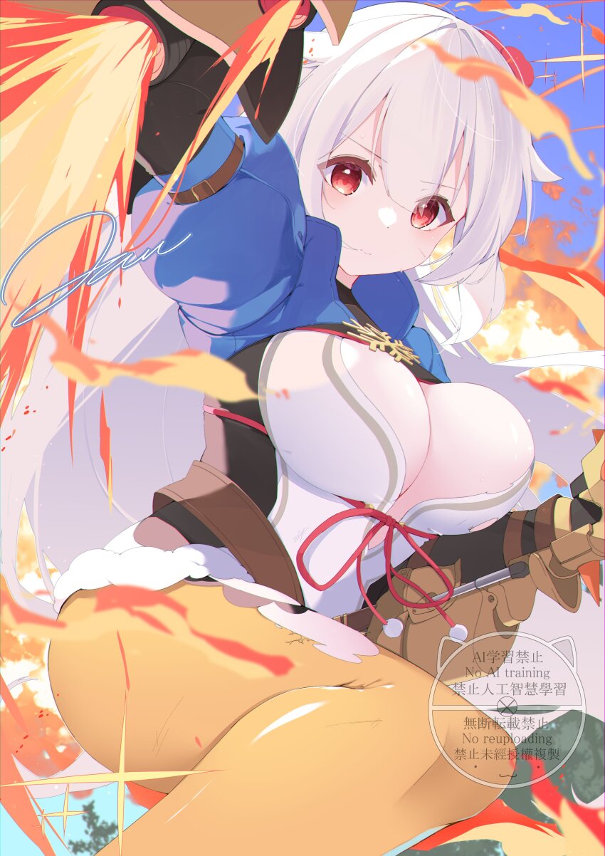 1girl absurdres blue_shrug breasts cleavage closed_mouth commentary_request day fire fuyuka_(stella_sora) highres jam_(jamjam777) large_breasts leotard looking_at_viewer pantyhose power_fist puffy_short_sleeves puffy_sleeves pyrokinesis red_eyes short_sleeves shrug_(clothing) signature smile solo stella_sora torn_clothes torn_pantyhose v-shaped_eyebrows watermark white_hair white_leotard yellow_pantyhose