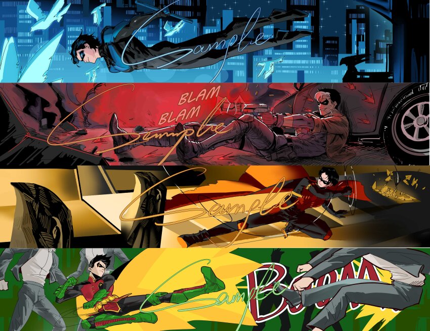 absurdres bat_signal batman_(series) batman_symbol belt black_bodysuit black_gloves black_hair blue_eyes bodysuit brothers cape cryinggyarados damian_wayne dc_comics dick_grayson domino_mask eye_mask gloves grey_bodysuit highres holding jacket jason_todd male_focus mask multicolored_bodysuit multiple_boys muscular muscular_male nightwing pants red_hood_(dc) red_robin robin_(dc) sample_watermark short_hair siblings smile superhero_costume taut_bodysuit tim_drake two-tone_bodysuit utility_belt watermark yellow_cape