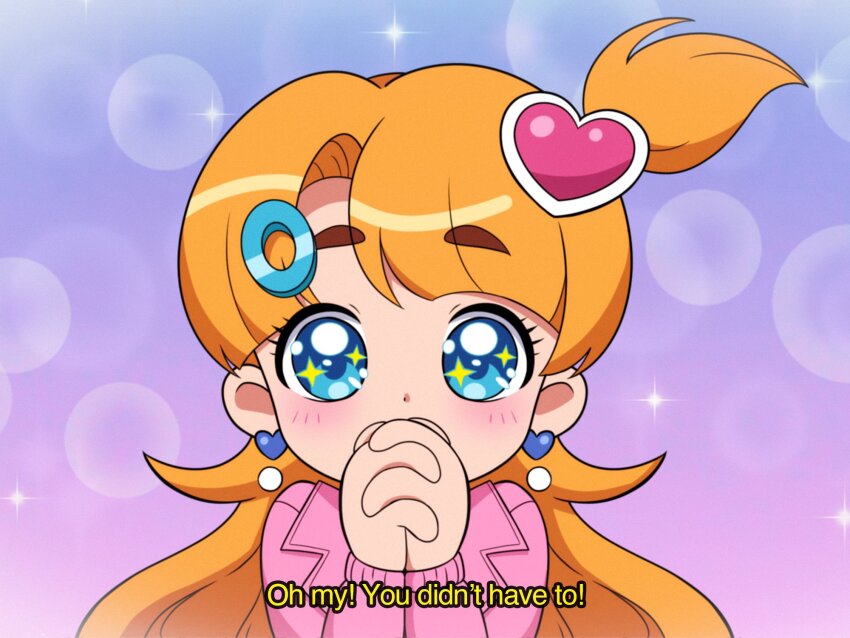 1girl artist_self-insert bishie_sparkle blue_background blue_eyes blush bubble_background colorful_background commentary covering_own_mouth dot_nose earrings english_commentary fake_screenshot gradient_background hair_ornament hairclip heart heart_hair_ornament highres indie_virtual_youtuber interlocked_fingers jacket jewelry lapels long_hair long_sleeves looking_at_viewer marikyuunn marikyuunn_(vtuber) marikyuunn_(classic)_(vtuber) one_side_up orange_hair own_hands_clasped own_hands_together pink_background pink_jacket portrait purple_background solo sparkling_eyes subtitled tareme thick_eyebrows three-toned_background virtual_youtuber